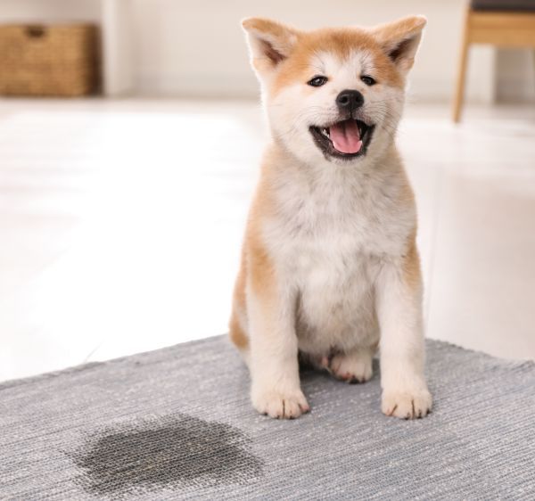 Adorable akita inu puppy near puddle on rug at home
