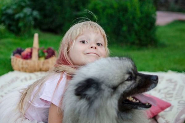 girl with Keeshond having a picnic in the park