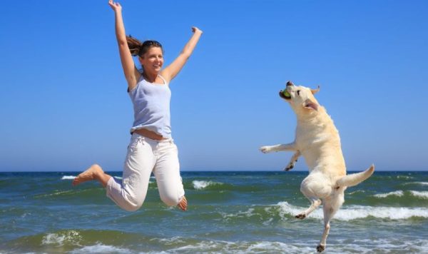Woman and her Labrador jumping in the air on the beach