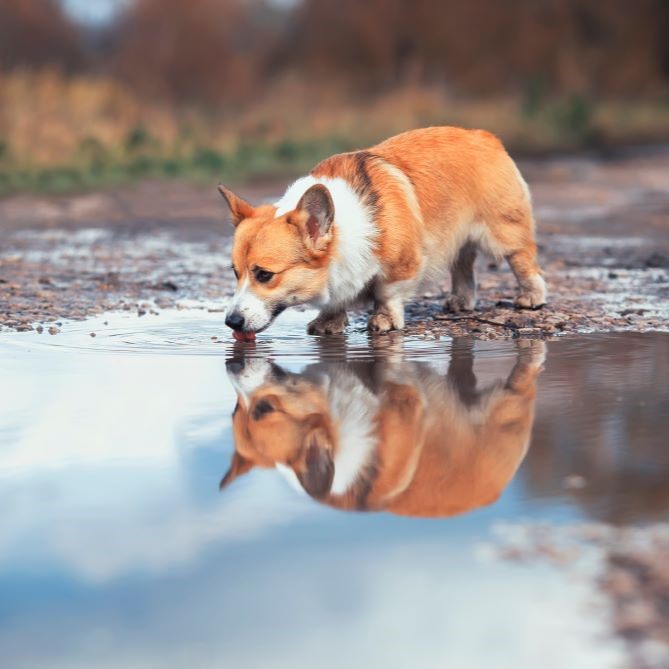 cute redhead Corgi dog stands by a puddle on the road and drinks water reflecting in it in autumn Sunny day