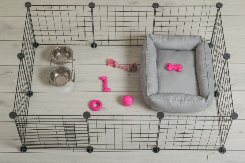 Prepared safe area with a dog bed, bowls and toys for a newly adopted rescue dog
