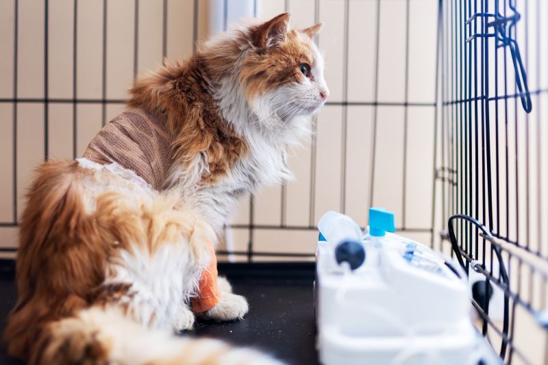 Fluffy orange cat receiving oxygen therapy from nearby humidifier