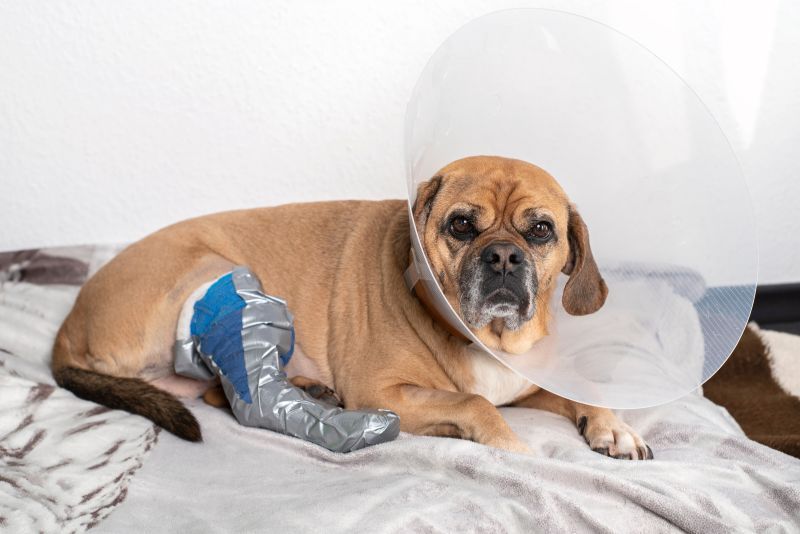 Unhappy dog with Elizabethan cone on its head and bandage on back leg after CCL surgery