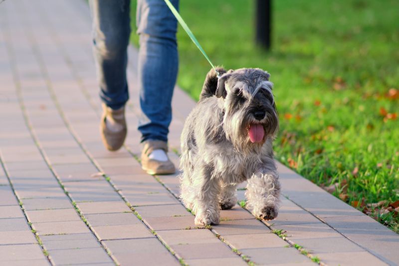 Dog walking with its owner as part of a healthy weight-management routine