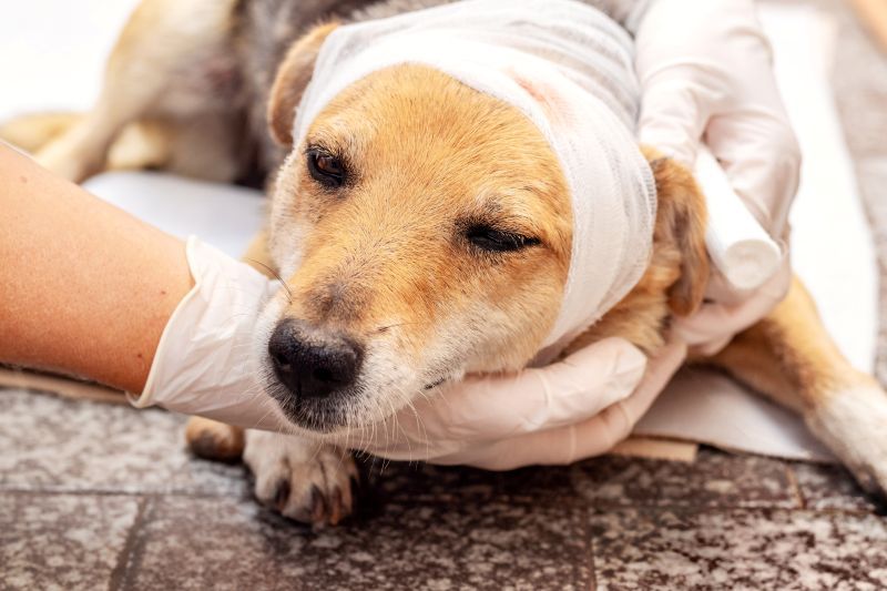 The vet applies a bandage to the injured dog's head