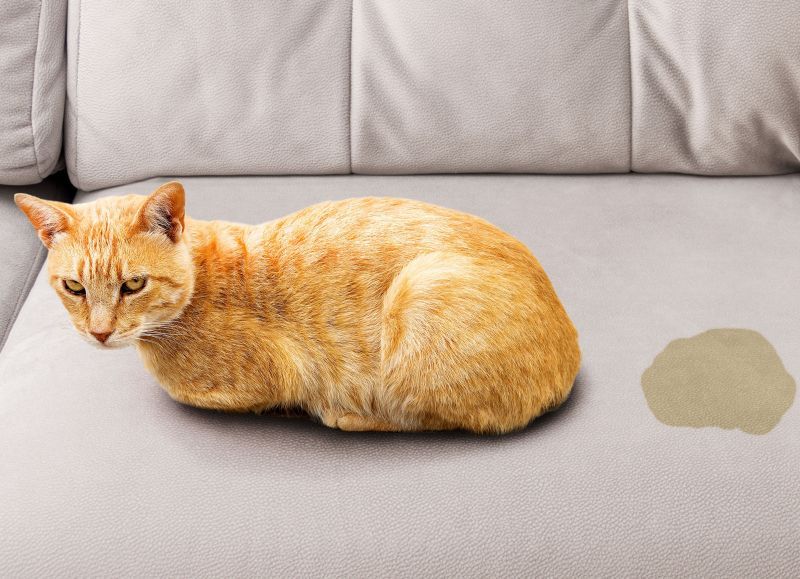 Ginger cat lies on a light coloured couch alongside a wet spot from the cat's urine