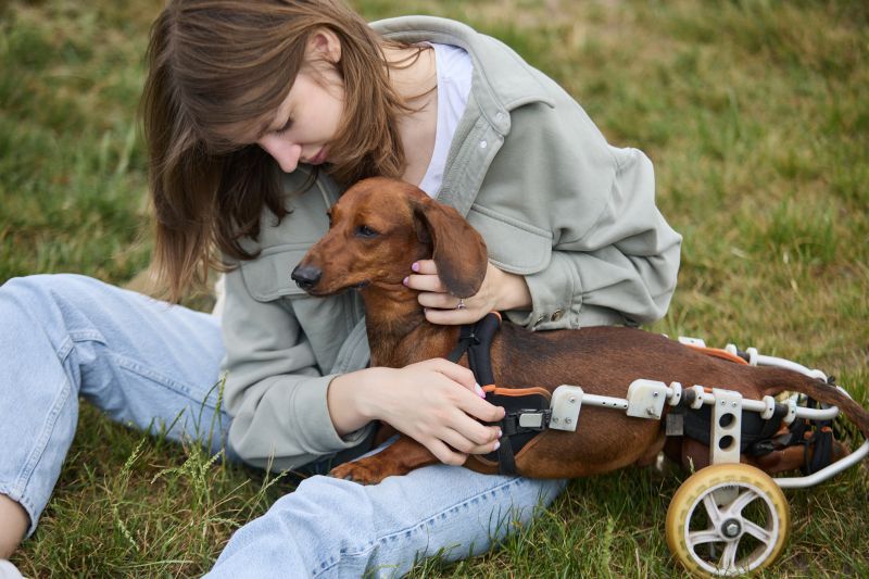 Young girl sitting on a green grass in the park and petting her handicapped dachshund on a wheelchair