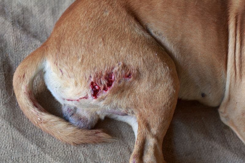 Open wound on a dog’s hindquarters near the base of the tail.