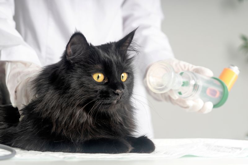 A vet is treating a black cat for asthma with an inhaler.
