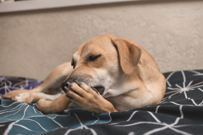 A brown male dog licks his front paw while lying on the bed. A pet grooming and cleaning himself or self-soothing.
