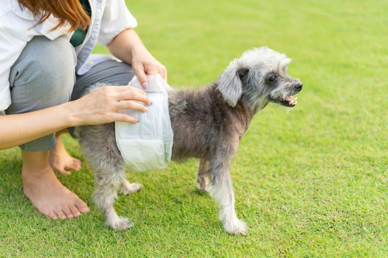 Senior Crossbreed dog wearing a diaper for urinary incontinence which may be caused by kidney disease
