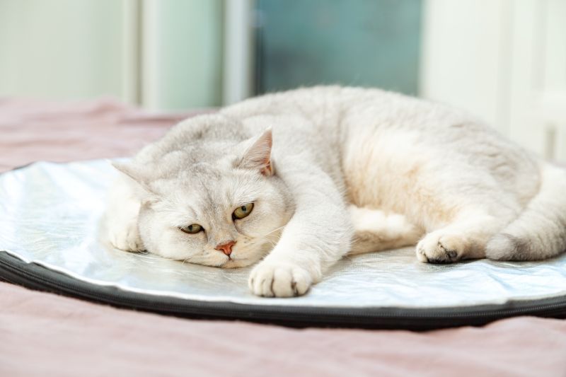Bored, sad british shorthair silver cat lies on silver reflector on owner's bed