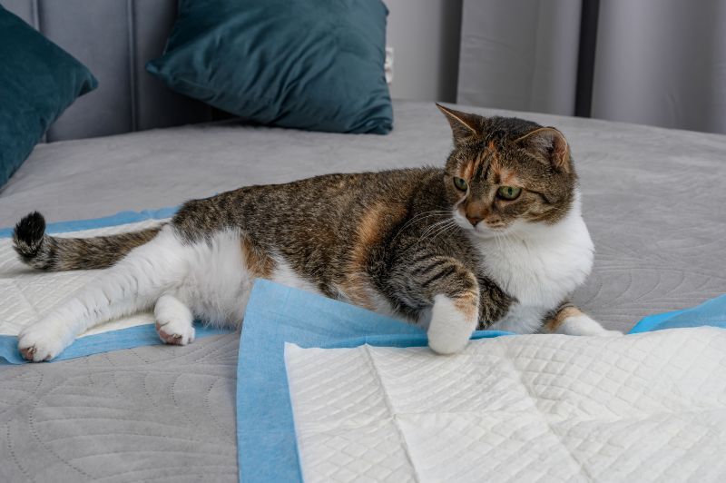 A calm old cat suffering from kidney disease lies on absorbent pads on a bed in the bedroom