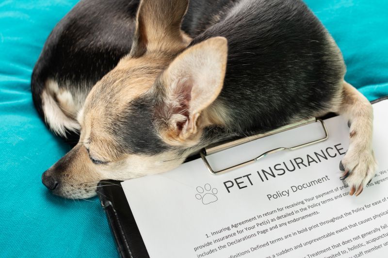 Pet insurance, cute dog sleeping with insurance policy, pet safe and healthy