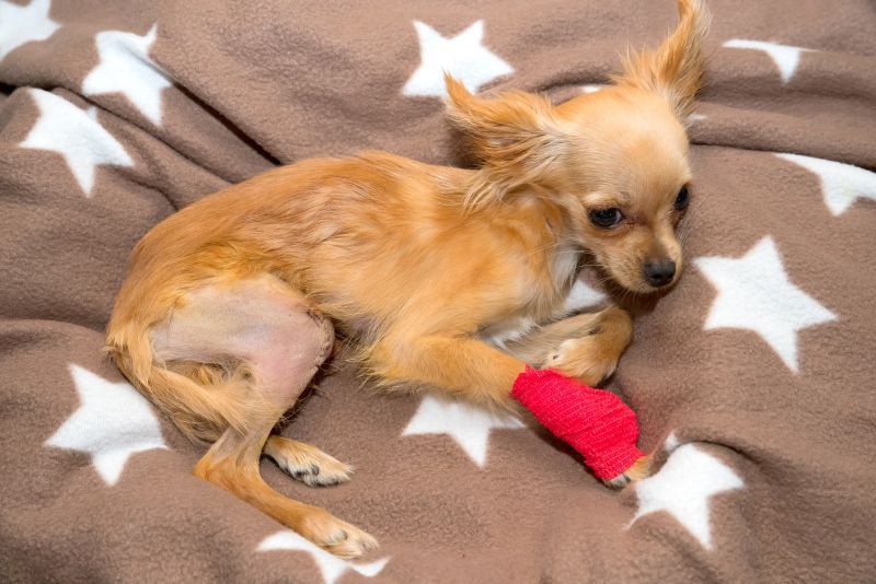Small dog with red bandage on front right paw to prevent scratching lies on a blanket after surgical correction luxation of the patella in the dog