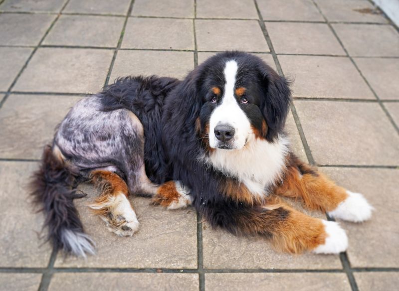 Bernese Mountain Dog lying on the patio, his fur on the leg shaved after hip replacement surgery