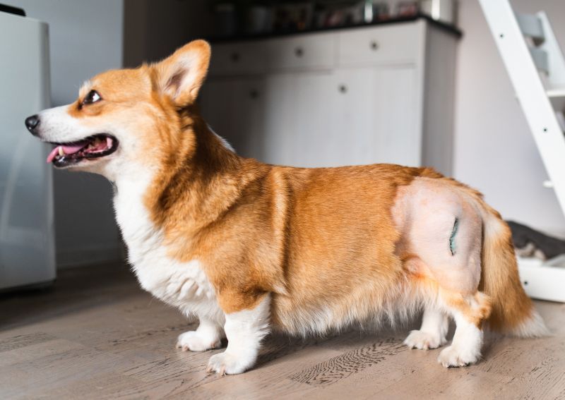 Corgi dog with scar and shaved hip after hip dysplasia , femoral head osteoctomy (FOH) surgery