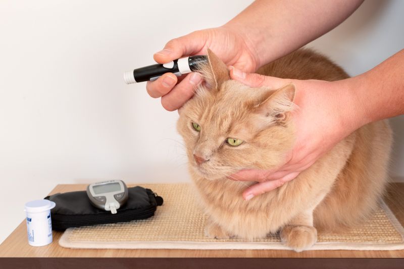 Cat's owner while measuring the blood sugar values of diabetic his feline