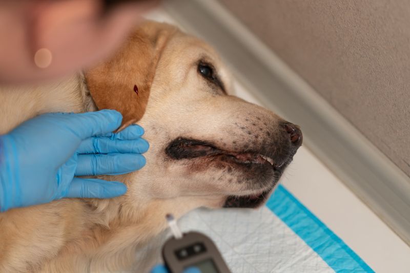 A veterinarian takes blood from the ear of a diabetic Labrador with diabetes and high blood sugar to measure blood sugar levels with a glucometer.