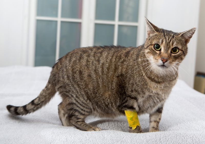 Striped cat with bandage on its front right paw 
