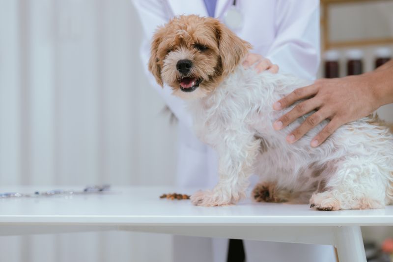 Indoor veterinary clinic with dog, vet, and owner during pet health consultation and treatment.