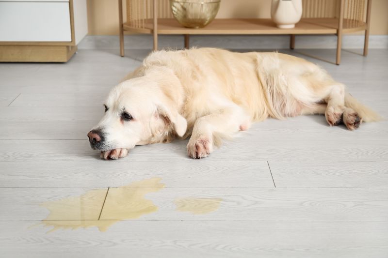 Labrador dog with a UTI lies next to a puddle of urine on the tiled floor at home