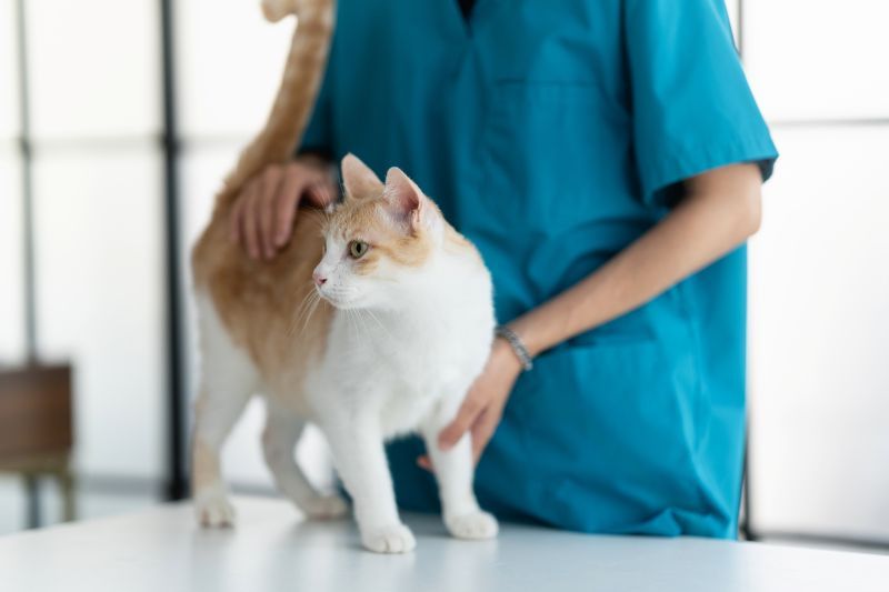 Veterinarian examining a standing ginger-and-white cat in a veterinary clinic.